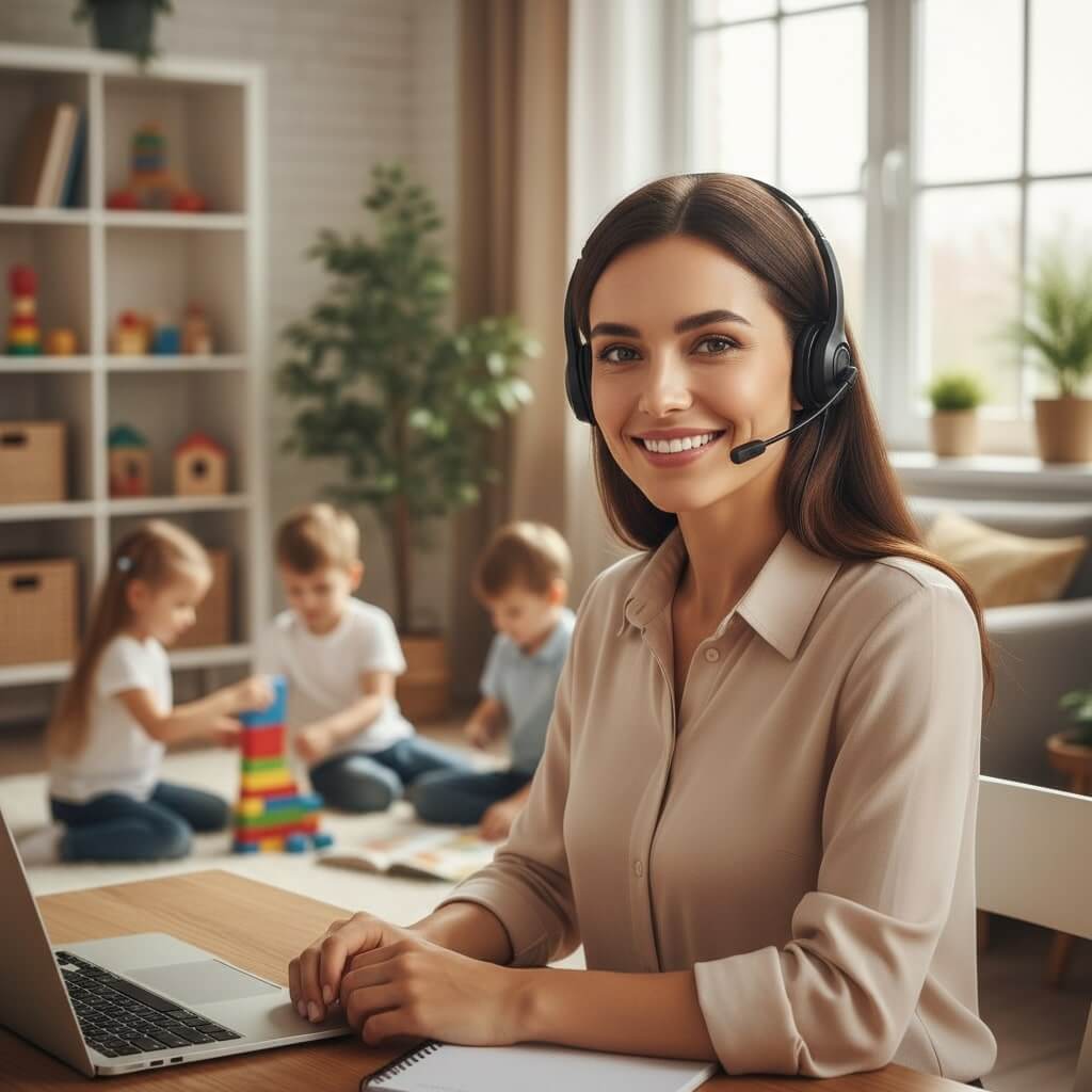 Stay-at-home mom providing customer service from home office